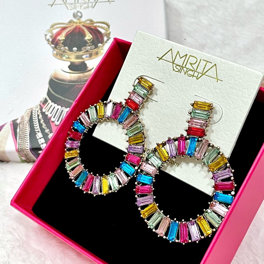 AMRITA SINGH Davina Drop Multi Color Crystals Back Post Earrings in Gift Box NWT